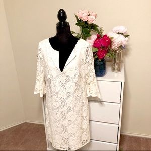 Adriana Papell White Bell Sleeve Lace Dress